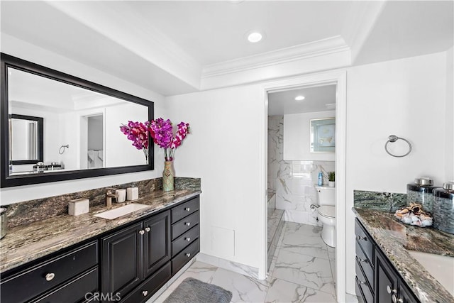 bathroom featuring vanity, ornamental molding, and toilet