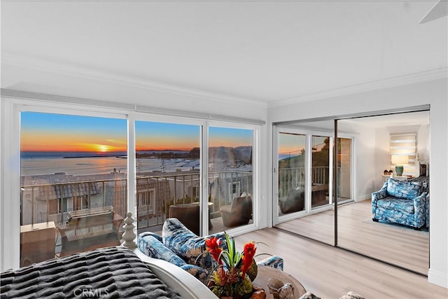 sunroom featuring a water view