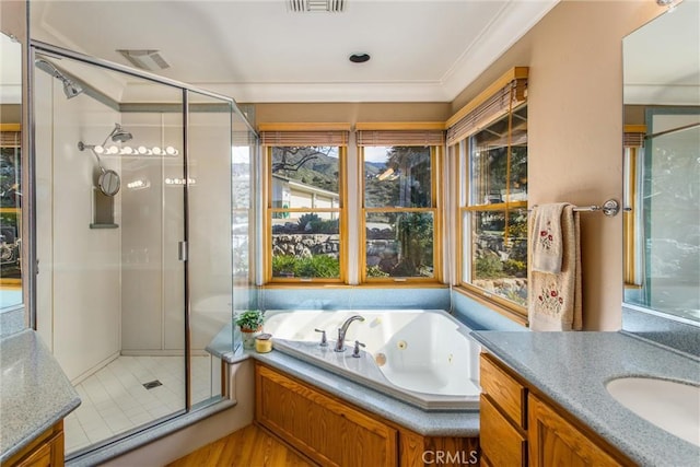 bathroom featuring crown molding, vanity, a shower stall, and a tub with jets