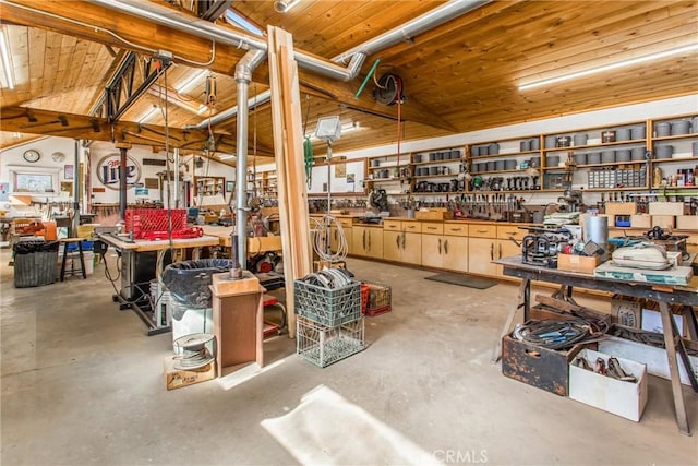 basement with wooden ceiling and a workshop area