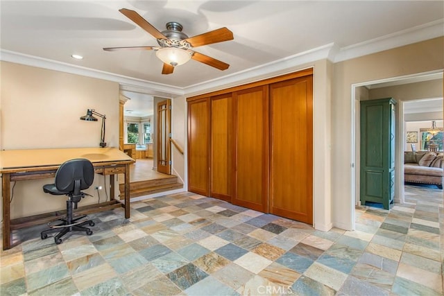 home office with baseboards, ornamental molding, and ceiling fan