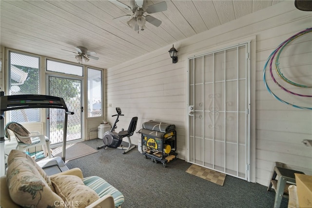 exercise room with carpet and ceiling fan