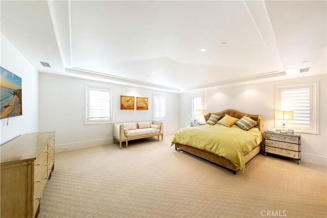 bedroom featuring a raised ceiling and light colored carpet