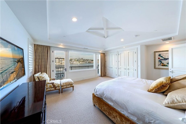 carpeted bedroom featuring a raised ceiling, access to outside, and a closet