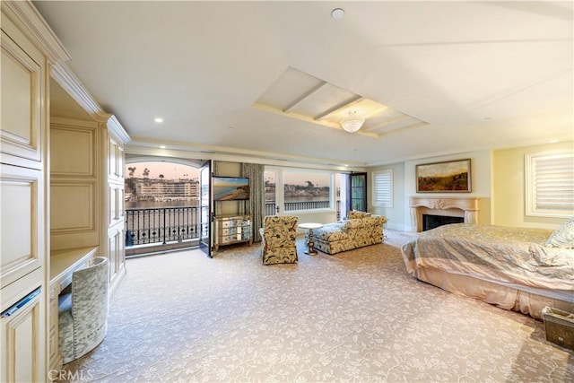 bedroom with crown molding and light colored carpet