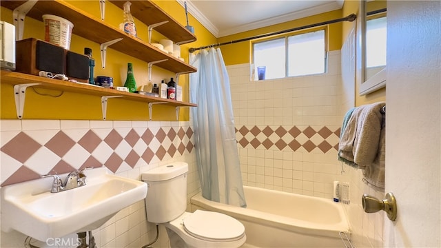 full bathroom with tile walls, ornamental molding, toilet, and shower / bath combination with curtain