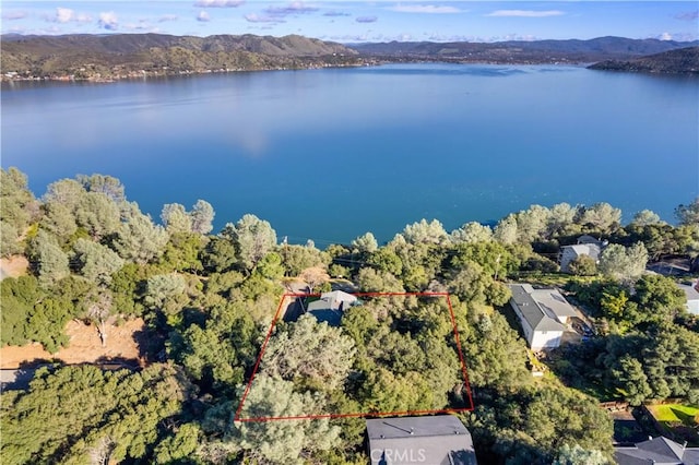 birds eye view of property with a water and mountain view