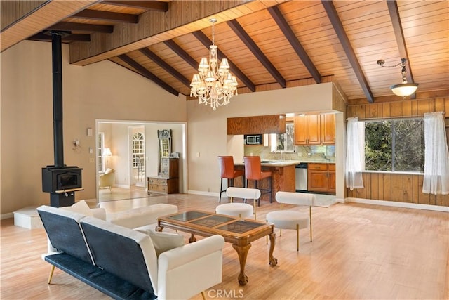 living room featuring a wood stove, wooden ceiling, beamed ceiling, a notable chandelier, and light hardwood / wood-style floors