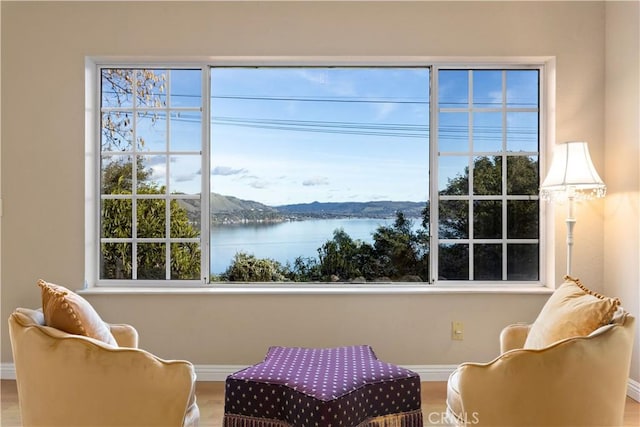 sitting room featuring a water view and hardwood / wood-style flooring