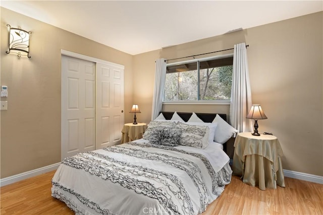 bedroom with wood-type flooring and a closet