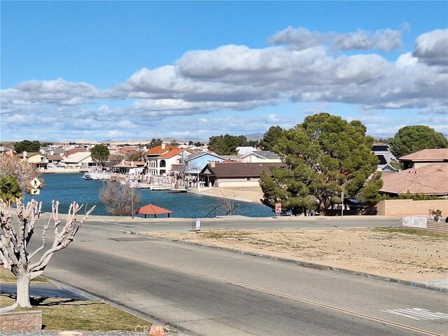 view of street with a water view