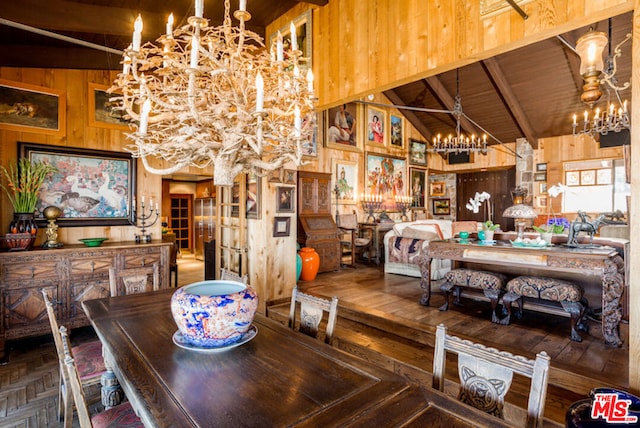 dining room featuring high vaulted ceiling, wooden walls, parquet flooring, beamed ceiling, and wood ceiling