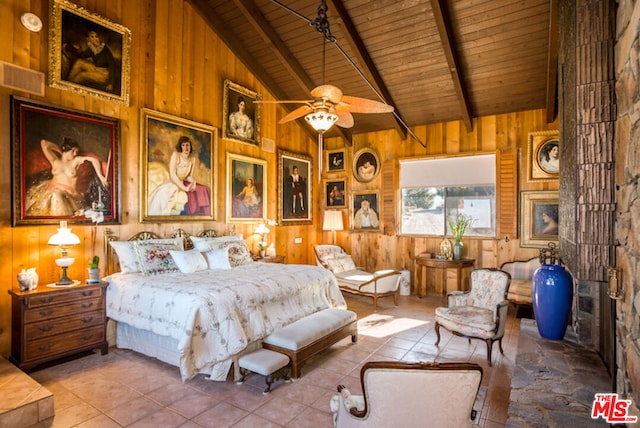 tiled bedroom featuring ceiling fan, beamed ceiling, wood ceiling, and high vaulted ceiling