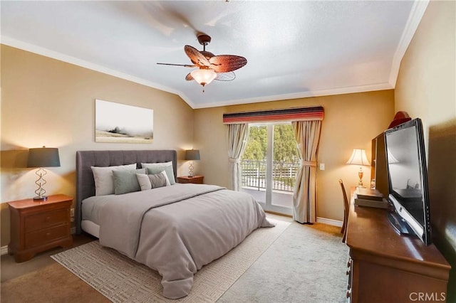 bedroom with access to exterior, ceiling fan, crown molding, and light carpet