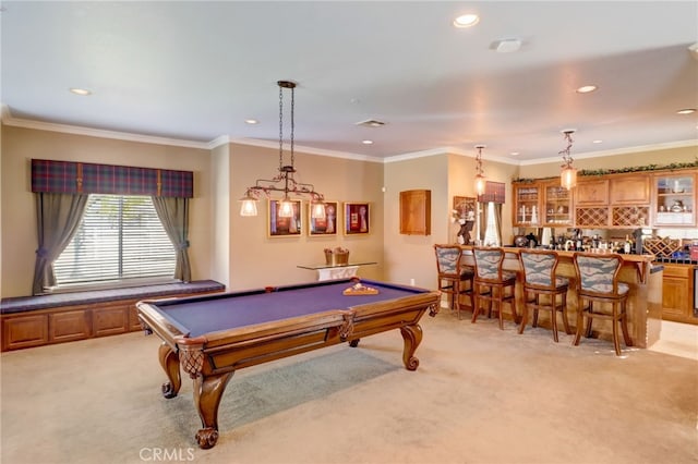 recreation room featuring bar, ornamental molding, light colored carpet, and billiards