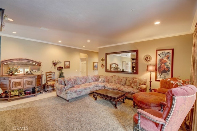 carpeted living room with ornamental molding