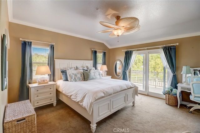 bedroom featuring access to outside, multiple windows, ceiling fan, and carpet