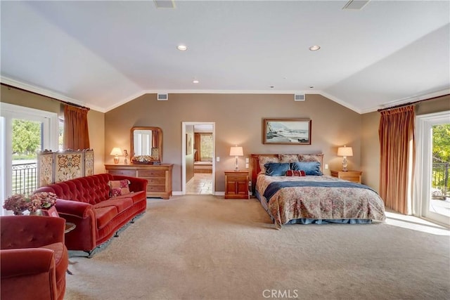 carpeted bedroom featuring access to exterior, crown molding, and lofted ceiling