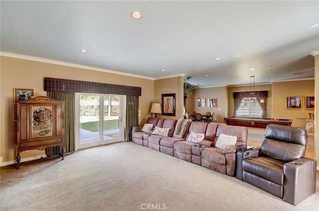 living room with crown molding, light colored carpet, and billiards