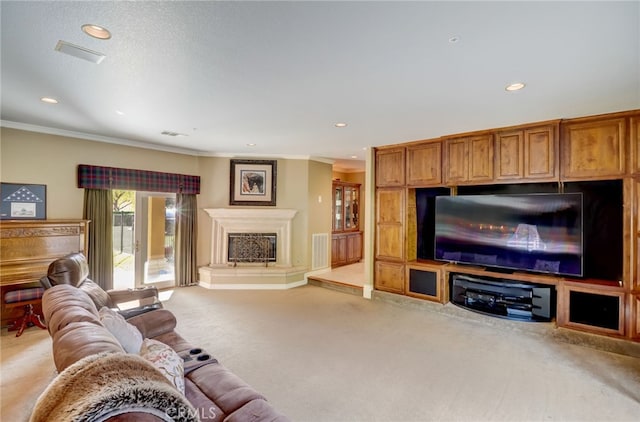 living room with crown molding and light carpet