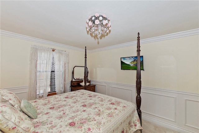 bedroom featuring ornamental molding and light colored carpet