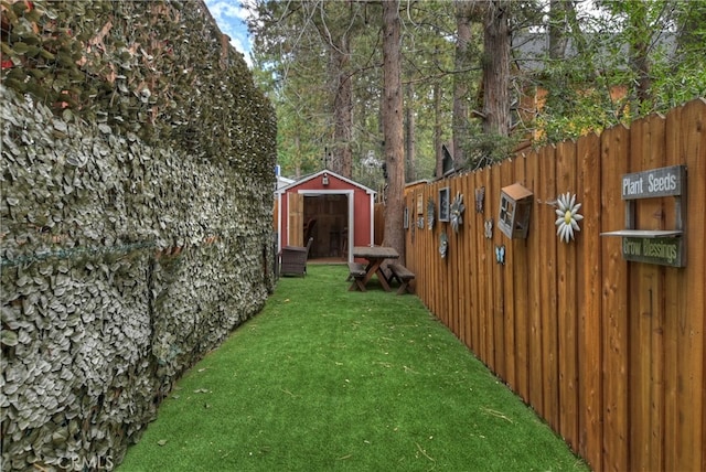 view of yard featuring a storage unit