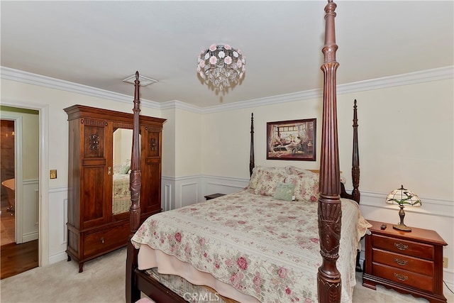 carpeted bedroom with ornamental molding