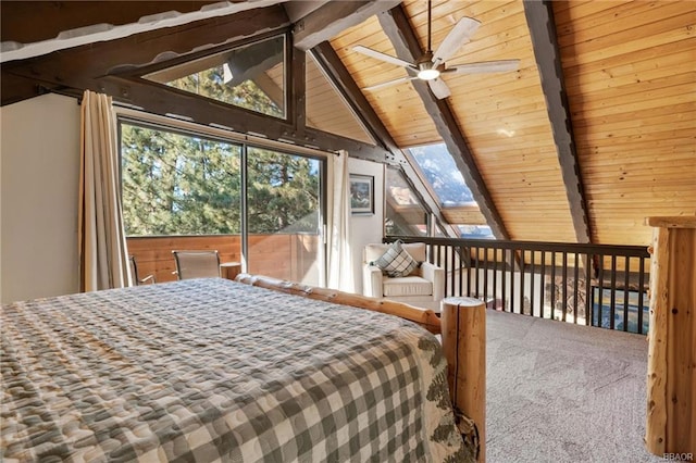 carpeted bedroom featuring a skylight, wood ceiling, ceiling fan, beam ceiling, and high vaulted ceiling