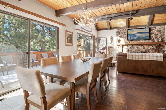 dining room with wood-type flooring, vaulted ceiling with beams, a stone fireplace, wooden ceiling, and a chandelier