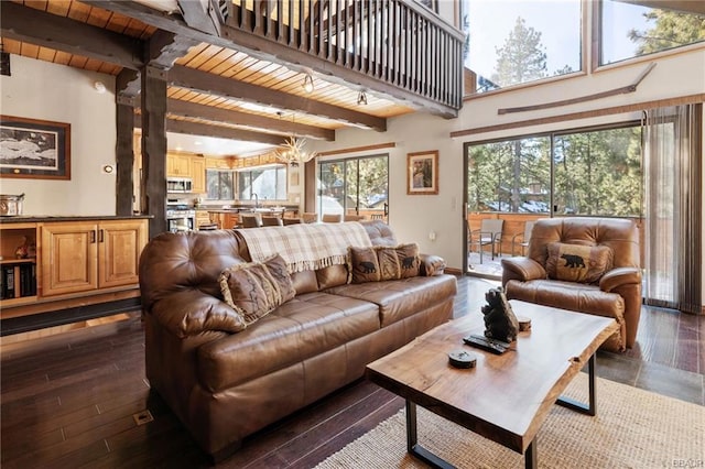 living room featuring beam ceiling, a wealth of natural light, and dark hardwood / wood-style floors