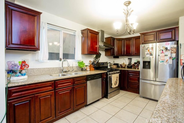 kitchen featuring stainless steel appliances, reddish brown cabinets, pendant lighting, and a sink