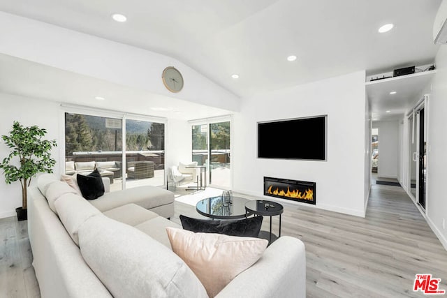 living room featuring vaulted ceiling and light hardwood / wood-style flooring