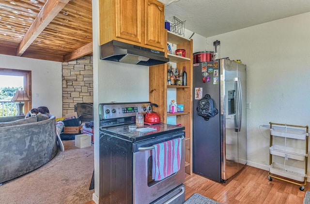 kitchen with light wood-type flooring, wood ceiling, electric range, beam ceiling, and stainless steel fridge with ice dispenser