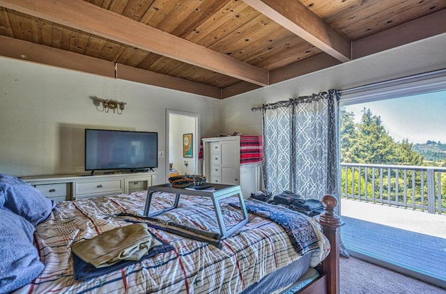 carpeted bedroom with access to outside, beam ceiling, and wood ceiling