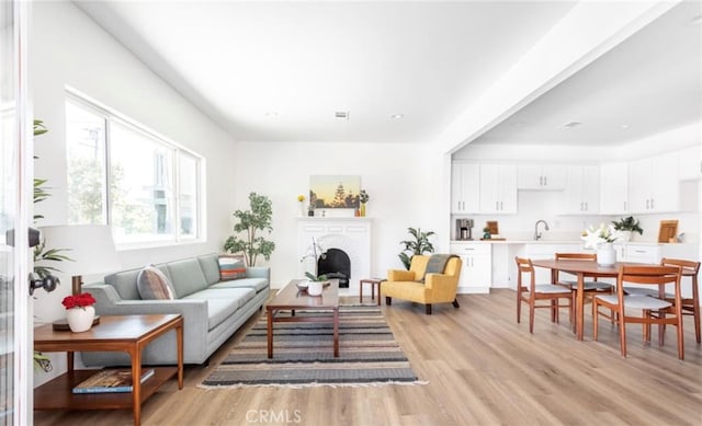 living room with sink, a brick fireplace, and light wood-type flooring