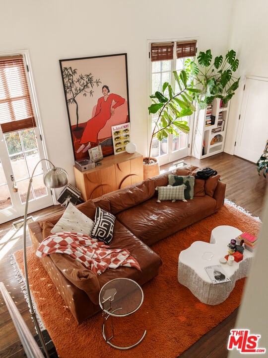 living room with dark wood-type flooring and french doors