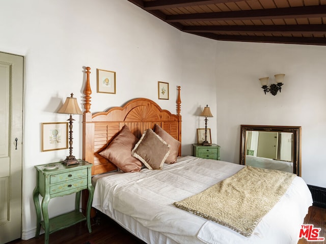 bedroom with wood ceiling, high vaulted ceiling, beamed ceiling, and dark hardwood / wood-style floors