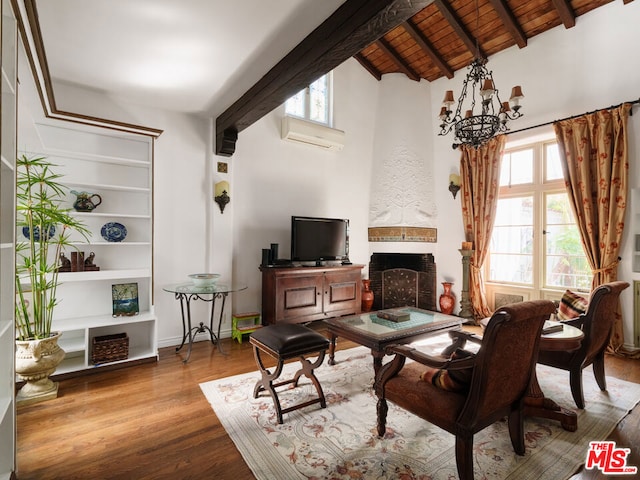 living room featuring a wall mounted AC, vaulted ceiling with beams, wood ceiling, light wood-type flooring, and a chandelier