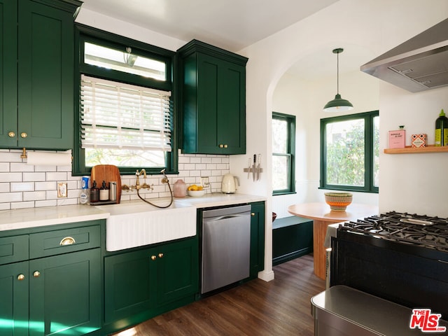 kitchen with black gas range oven, plenty of natural light, extractor fan, and stainless steel dishwasher