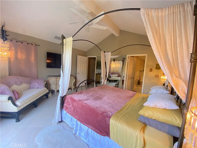 tiled bedroom with ceiling fan and vaulted ceiling with beams