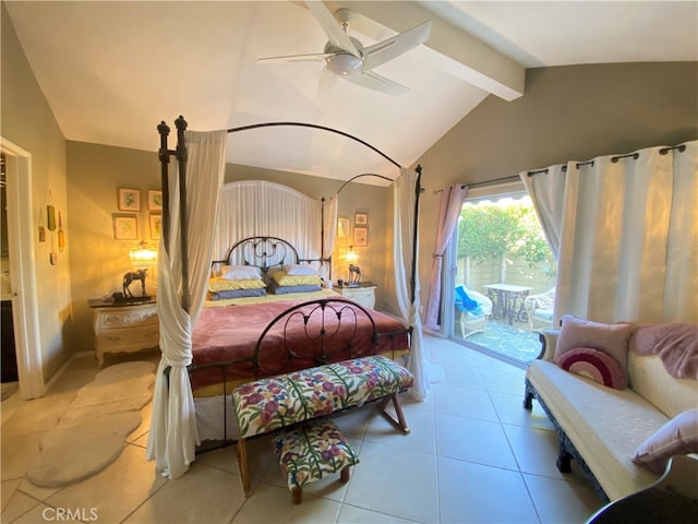 tiled bedroom featuring ceiling fan, access to outside, and vaulted ceiling with beams