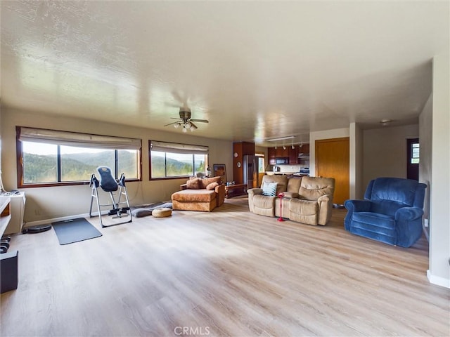 exercise area with a wealth of natural light, ceiling fan, and light wood-type flooring