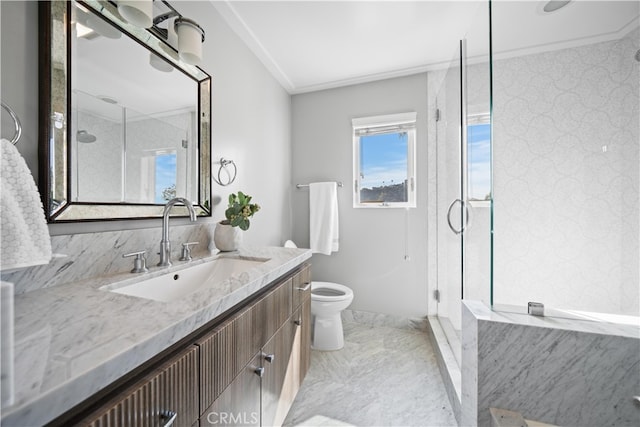 bathroom featuring walk in shower, ornamental molding, vanity, and toilet