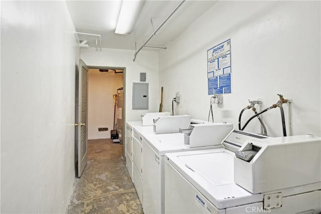 laundry area featuring electric panel, washing machine and clothes dryer, and gas water heater