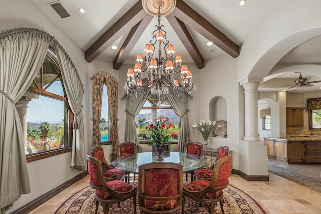 dining room featuring ornate columns, high vaulted ceiling, beam ceiling, and ceiling fan with notable chandelier