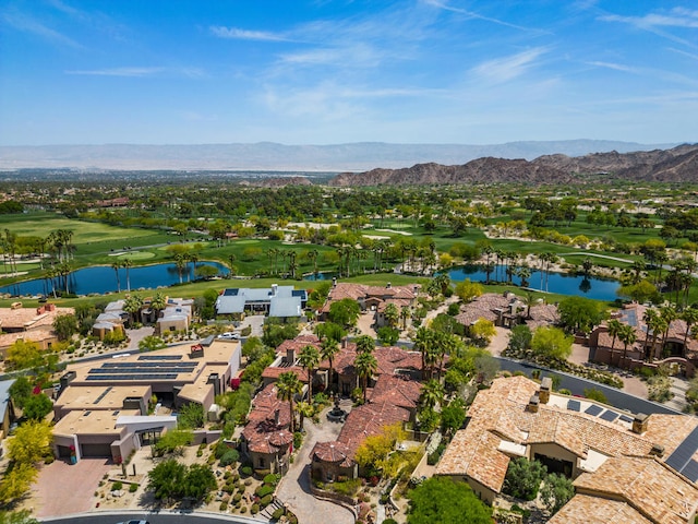 bird's eye view featuring a water and mountain view