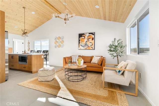 living room with an inviting chandelier, wood ceiling, beam ceiling, and high vaulted ceiling