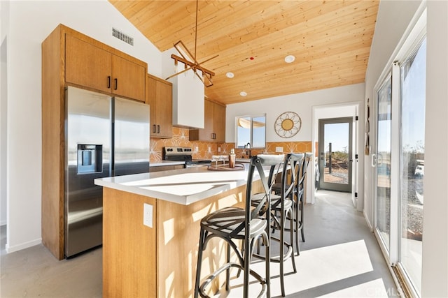 kitchen featuring a center island with sink, lofted ceiling, appliances with stainless steel finishes, and wooden ceiling