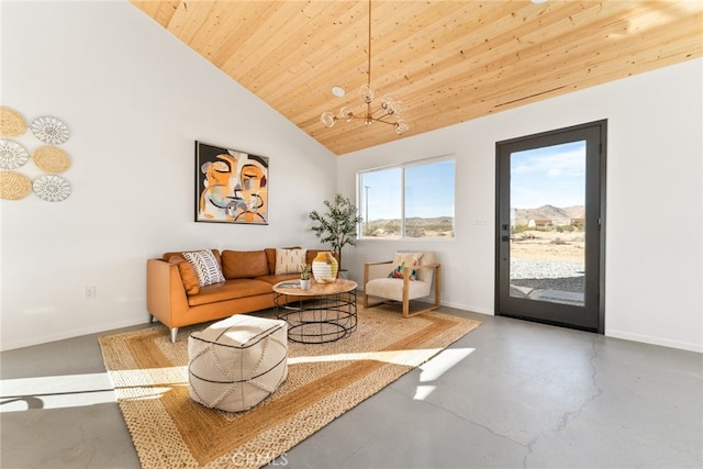 living room with wood ceiling, a notable chandelier, high vaulted ceiling, and concrete flooring