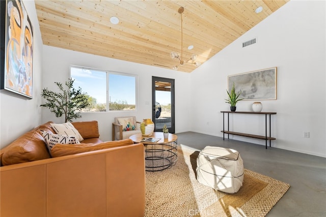 living room with high vaulted ceiling and wooden ceiling